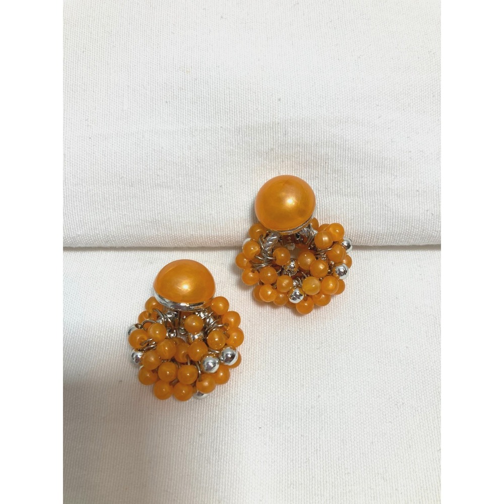 Vintage Clip On Earrings Artsy Art To Wear‎ Orange Cluster Beaded Statement